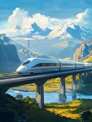 Fototapeta premium high-speed bullet train passing through a futuristic countryside landscape.