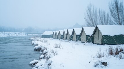 Obraz premium SnowCovered Winter Camping Tents by River in Snowy Landscape