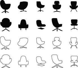 Office armchair icon set. Furniture for office Interior. Wireframe low poly mesh flat and line vector collection isolated on transparent background. Gaming chairs comfortable equipment for work