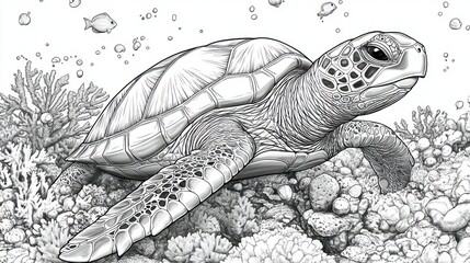 Fototapeta premium Detailed grayscale drawing of a sea turtle swimming amidst coral reef and small fish.