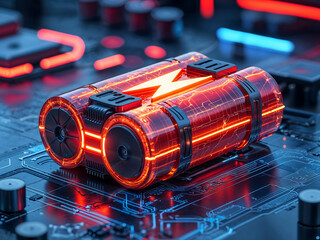 Fototapeta premium Glowing red battery energy cell on circuit board. Cyberpunk, technology, futuristic concepts. Suitable for designs related to energy, tech, and science fiction.
