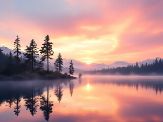 A serene lakeside scene at dawn, with mist rising from the waterss surface as the sky transitions, Vast lake surrounded by forest with a delicate mist