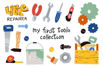 Kids collection of various repair tools in a cartoon style. A set for decorating toys, construction sets, children room or workshop, as educational material, fabrics, wallpapers