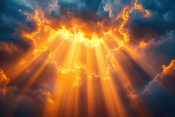 divine heavenly light streaming through dramatic clouds creating inspirational spiritual atmosphere with golden sun rays