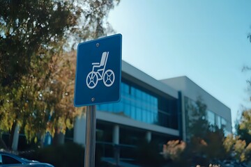 Fototapeta premium Accessible Parking Sign: Wheelchair Symbol Guides to Designated Spots for Disabled Individuals Outdoors