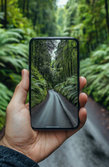 Smartphone Perspective of a Forest Road. Digital Nature and Augmented Reality Concept
