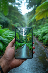 Smartphone Perspective of a Forest Road. Digital Nature and Augmented Reality Concept