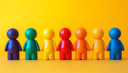 Bright and vibrant lineup of toy figures in perfect formation, showcasing diversity, unity, and creativity, perfect for promoting equality and teamwork
