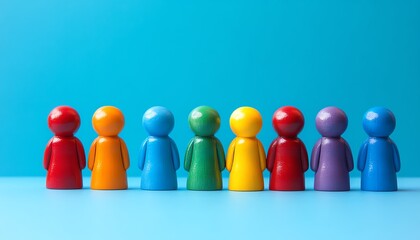 Bright and vibrant lineup of toy figures in perfect formation, showcasing diversity, unity, and creativity, perfect for promoting equality and teamwork