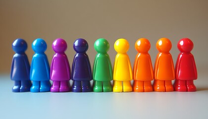 Bright, vibrant lineup of toy figures in perfect formation, symbolizing unity and diversity, with playful and colorful designs, ideal for themes of creativity and teamwork
