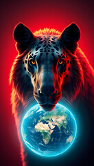 animal of the world with planet earth, glowing neon, with white tones