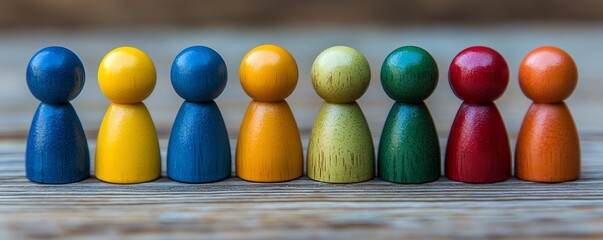Colorful toy figures in a perfect lineup, representing diversity and unity with a bright, playful arrangement, perfect for creative themes of teamwork, equality, and creativity