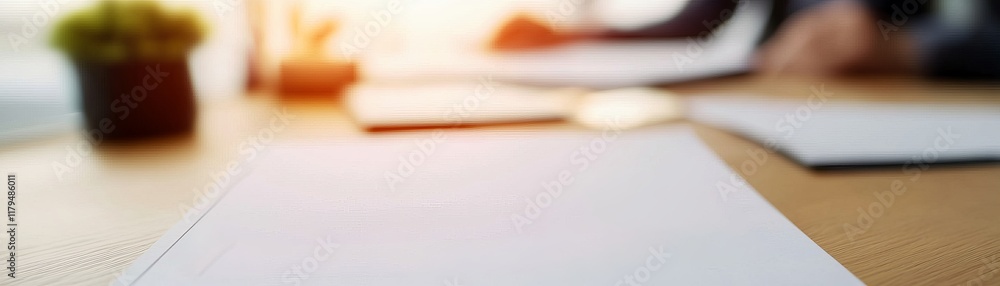 Poster blank papers on a table with a soft focus background and natural light.