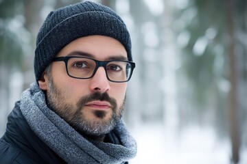 A fashionable man stands confidently in a snowy forest, dressed in a stylish winter outfit with a cozy scarf and hat, perfect for cold weather