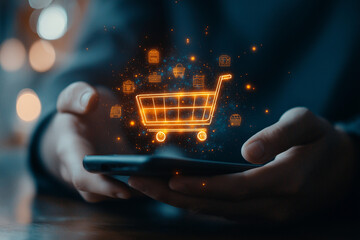 Smartphone E-Commerce Interface with Glowing Shopping Cart