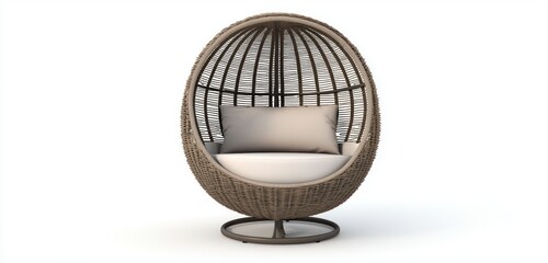 Fototapeta premium Outdoor egg chair with cushion, set against a white background, 3D illustration.