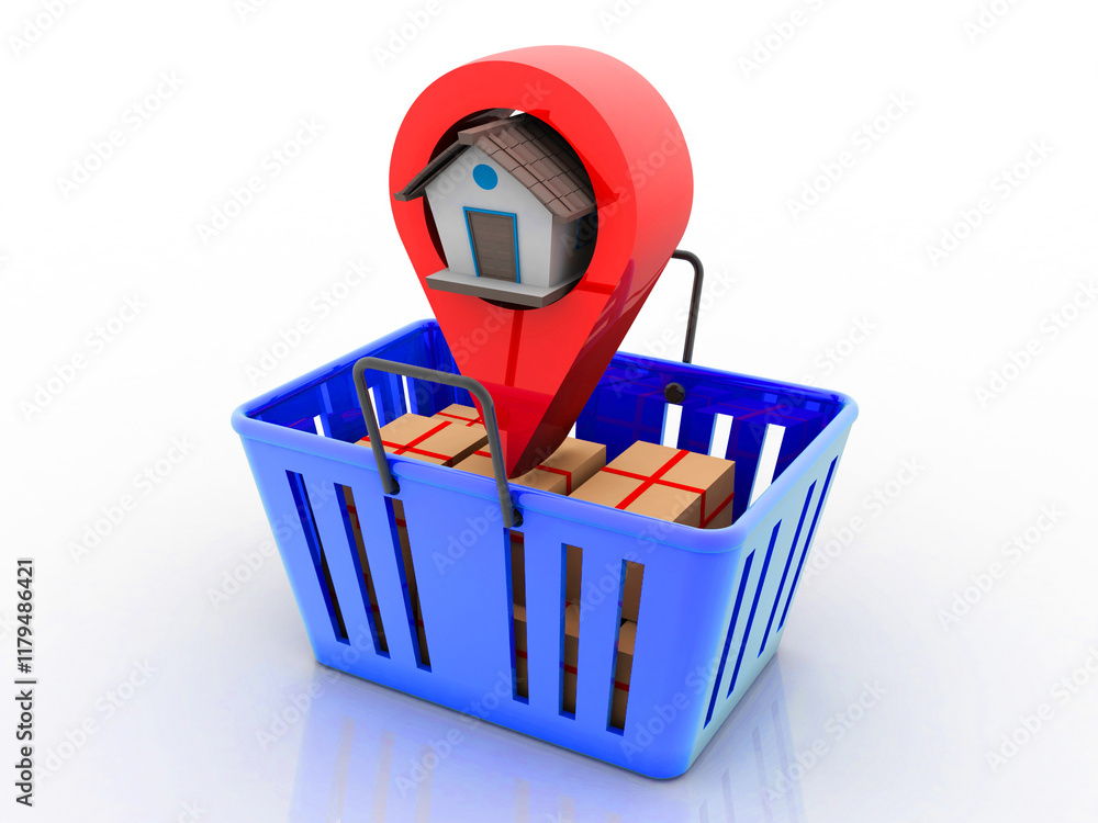 Poster 3d illustration search for property. a map with large red gps pointer containing