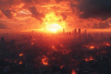 dramatic post-apocalyptic urban landscape destroyed city skyline with burning sky and crumbling skyscrapers in cinematic 3d rendering