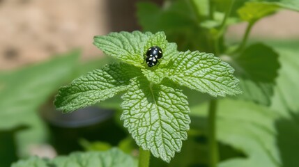 Black and white ladybug on mint leaf in garden.