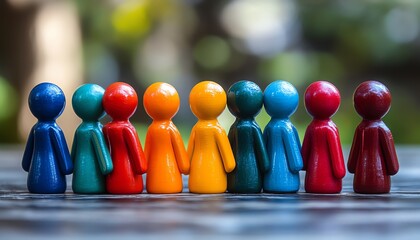 Playful arrangement of colorful toy figures standing in a perfect lineup, symbolizing diversity, unity, and creativity, ideal for promoting teamwork and equality