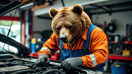 Bear Mechanic Inspecting Car Engine in Vibrant Workshop