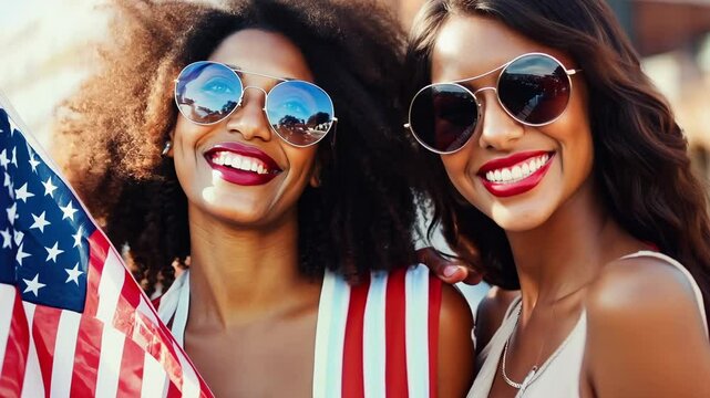 Two women Happy African American man walking on street in crowd at festival with flag United States of America. President's Day. USA Day. Independence Day of America. Patriotic memorial american compo