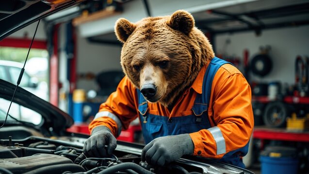 Bear Mechanic Inspecting Car Engine in Vibrant Workshop