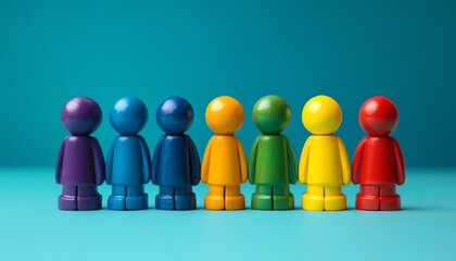 Vibrant toy figures in a perfect lineup, celebrating diversity and unity with bright colors, ideal for themes of teamwork, equality, and creative collaboration