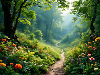 A forest path with a trail of flowers and trees, Capture a serene garden with a variety of flowers