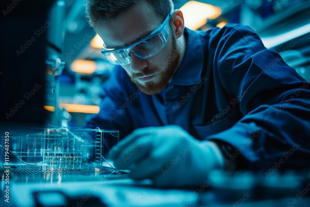Poster biomedical engineering solution. scientist examining samples in a high-tech laboratory environment.