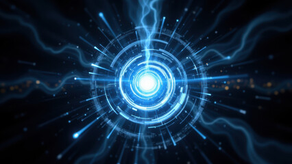 Obraz premium Abstract futuristic electric blue circular explosion with sparkles, suitable for backgrounds or wallpapers.