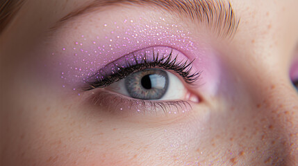 Obraz premium Close-up of young woman's eye with pink glitter eyeshadow