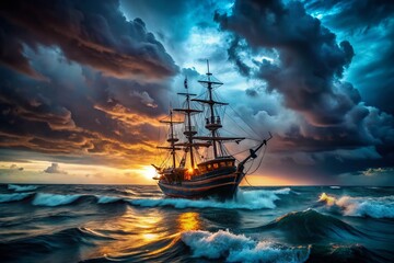 Obraz premium Dramatic Long Exposure Photo of Pirates at Sea, Swirling Ocean, Night Scene