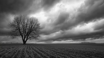 Solitary Tree Under a Dramatic Sky: A Monochromatic Landscape