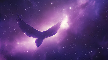 Fototapeta premium A majestic bird soaring through a vibrant cosmic landscape filled with stars and nebulae.
