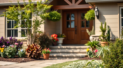 House Entrance with Landscaping and Brown Double Door