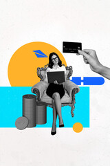 Vertical sketch 3d artwork collage poster of happy businesswoman freelancer hold laptop coin income dollar transaction hand credit card
