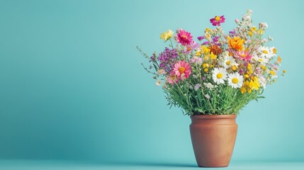 Beautiful bouquet of colorful wildflowers in a brown clay vase, centered on a clean blue background, copy space included