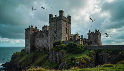 Aerial view of ivy-covered Irish castle on cliff, dramatic serenity