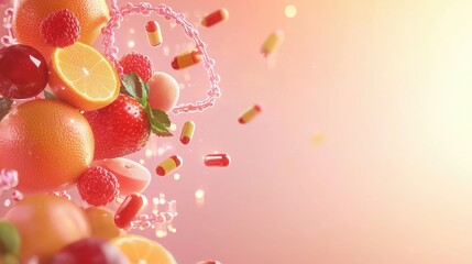 Vibrant fruits merging with dna strands whimsical cartoon style digital artwork bright background abstract concept