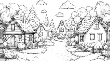 A line art of a cozy village street with small houses and trees