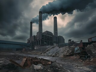 An old factory or power plant stands on land polluted with industrial waste and garbage. Smoke comes out of the chimneys, polluting the air.