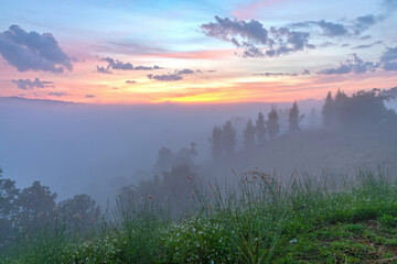 Misty autumn sunny sunrise in mountains. rural scenery with colorful sky light. countryside landscape rolling in to the distant valley full of fog