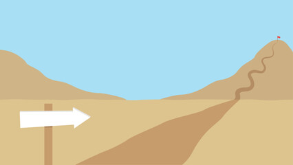 A blank directional sign points toward a winding path leading up a mountain with a red flag at the summit, symbolizing goals, journey, and achievement. © MAHIJO
