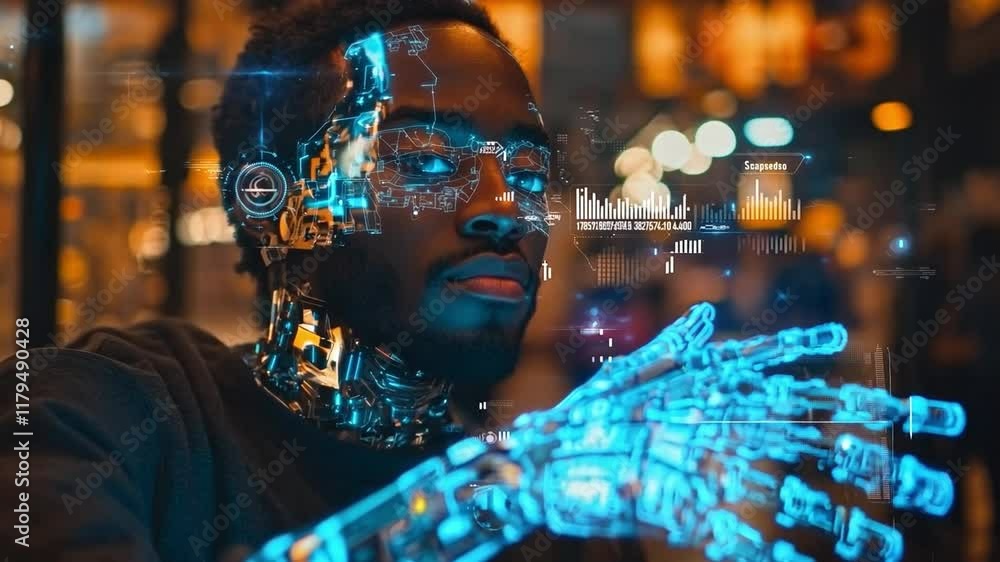 Poster a person with cybernetic features gazes intently as blue holographic interfaces illuminate their fac