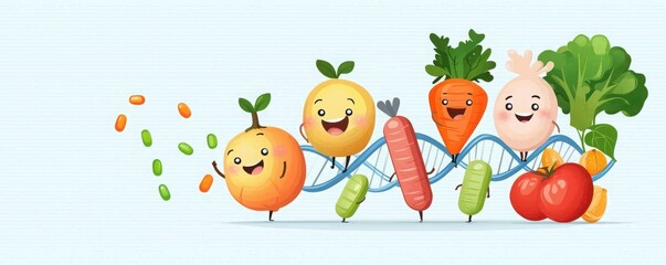 Playful cartoon characters of fruits and vegetables whimsical garden digital art cheerful atmosphere colorful display nutrition awareness