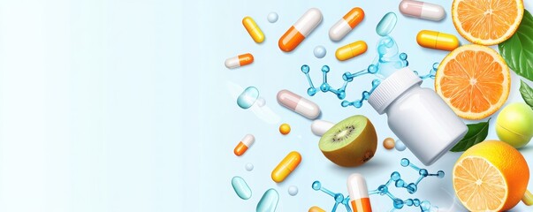 Vibrant cartoon dna with fruit-filled capsules creative illustration health concept bright environment dynamic viewpoint