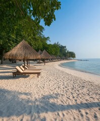 People enjoy a peaceful day on the sandy shore of an Indian beach, lounging under thatched umbrellas in perfect weather.
