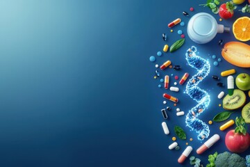 Health and wellness in focus cartoon dna helix surrounded by fruits and vegetables nutritional benefits modern kitchen clean aesthetic