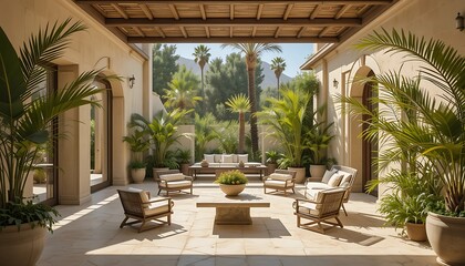 Fototapeta premium Gorgeous Sunlit Indoor Patio of a Spanish Finca in Mallorca with Palmtrees and Tropical Vibes 